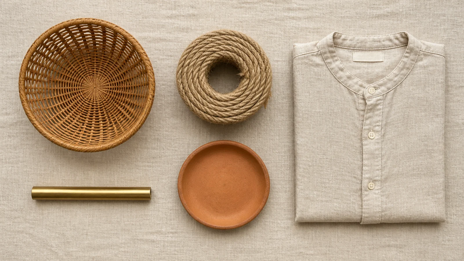 natural closet materials arranged together with rattan jute and brass
