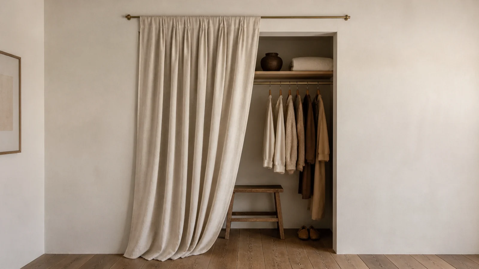 oatmeal linen curtain closing a boho closet doorway on a brass rod