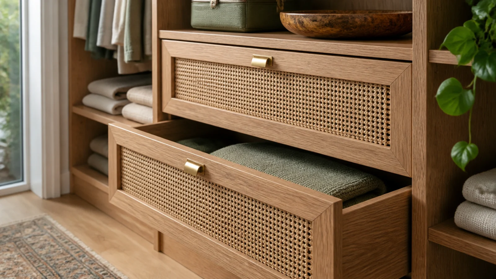 rattan fronted drawers set into oak closet shelving with folded knits