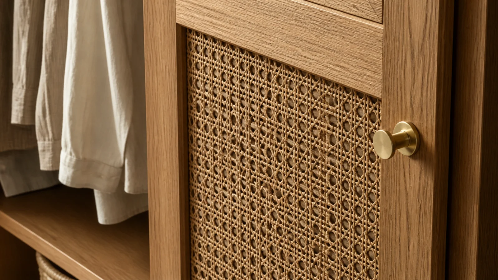 cane webbing panel on a closet cabinet door beside hanging clothes