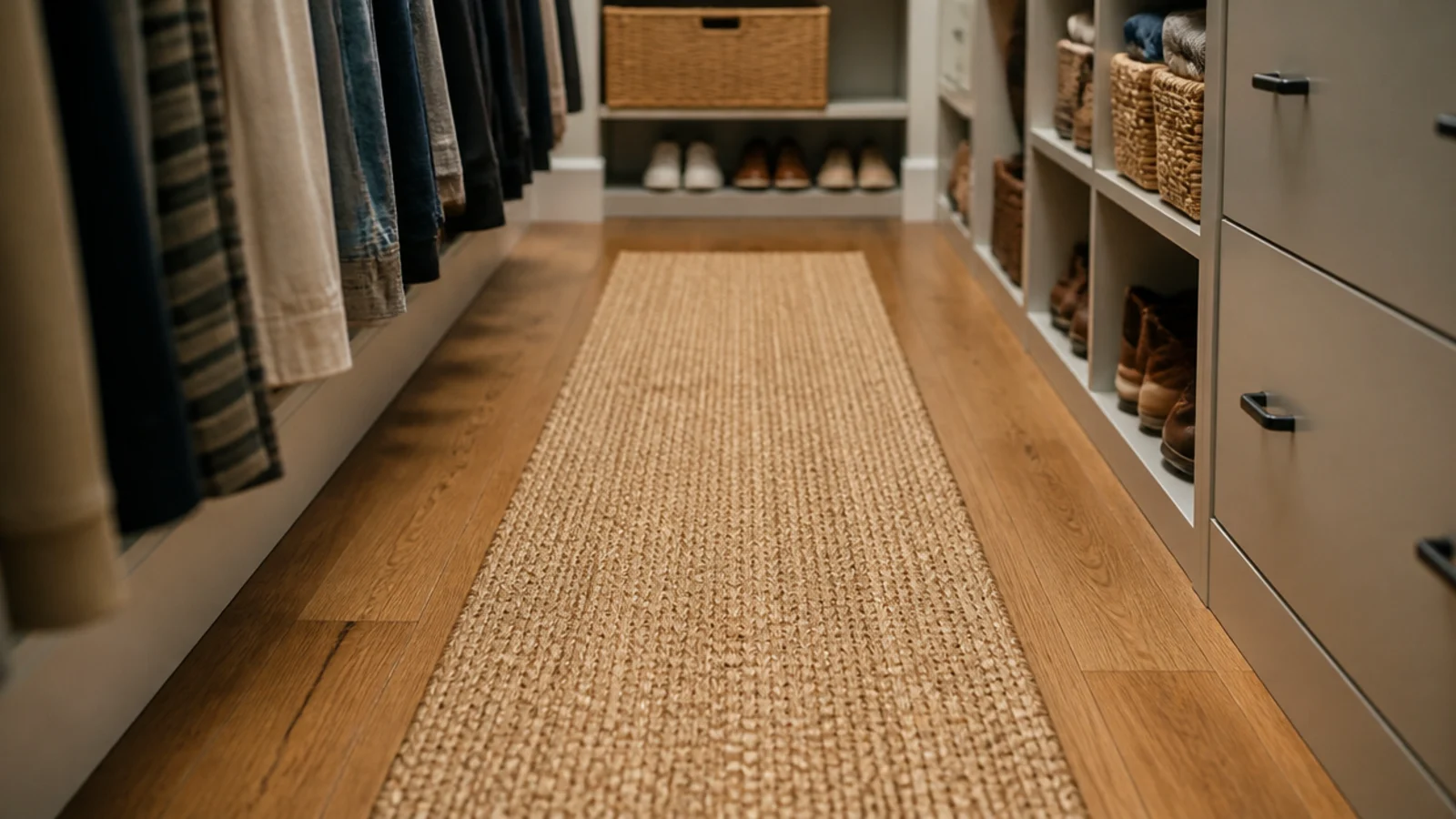 narrow jute runner laid down the middle of a boho walk-in closet