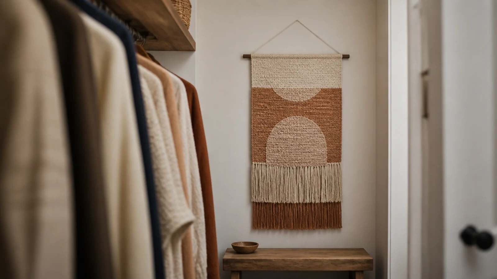 woven wall hanging on the end wall of a small boho closet