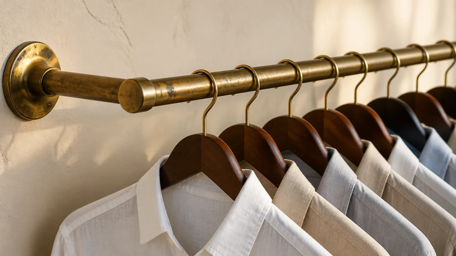 aged brass closet rod holding linen shirts on wooden hangers