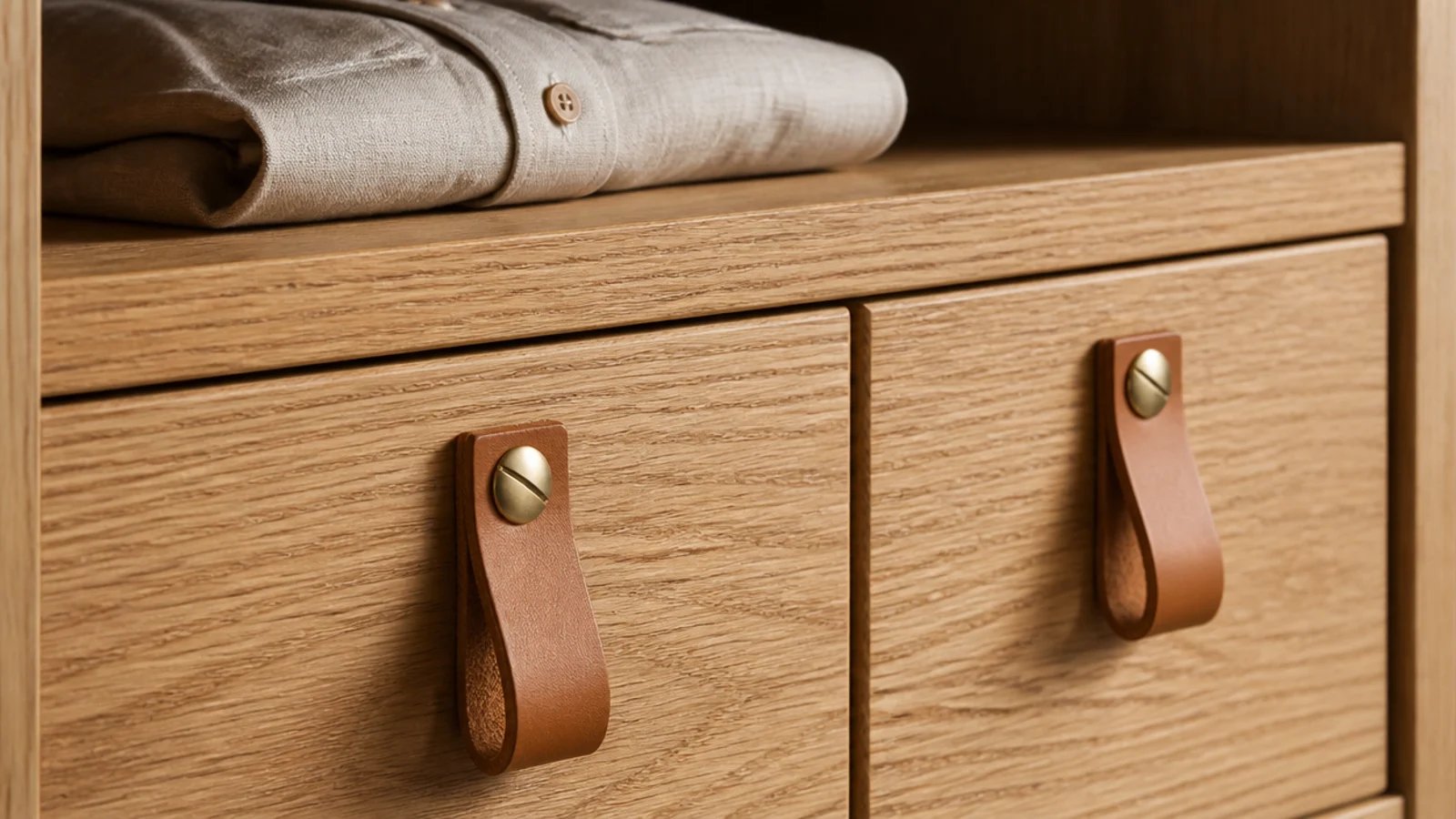 leather strap pulls fitted to closet drawers and storage boxes