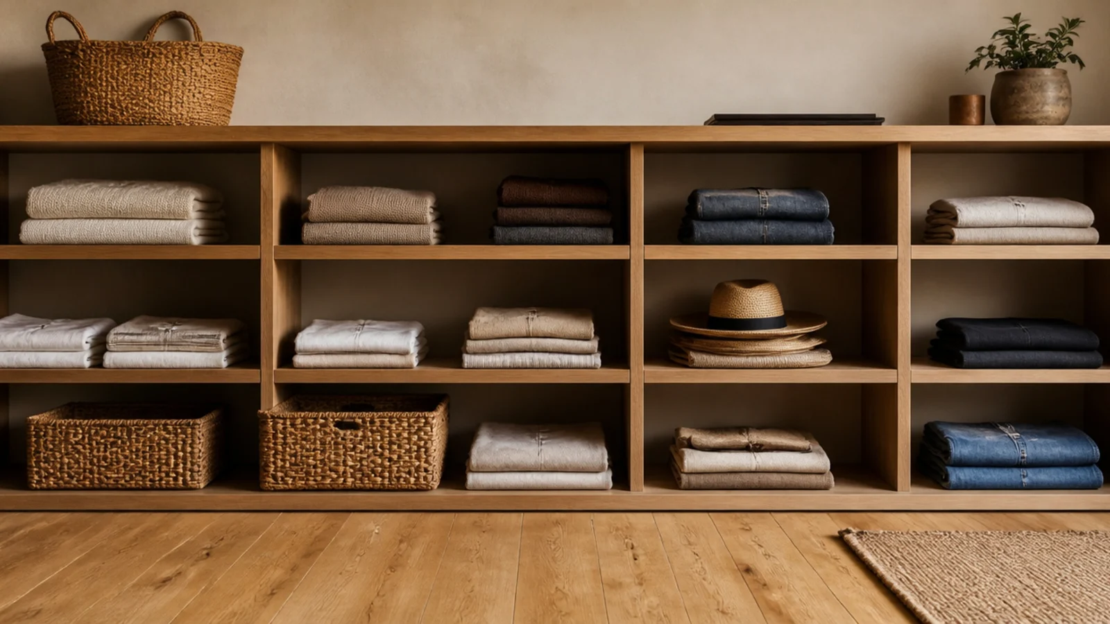 open oak closet shelving showing folded neutral clothing and baskets
