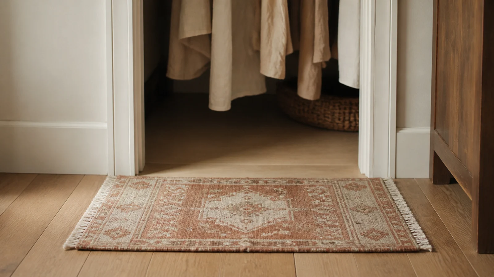 small patterned wool rug at the entrance of a boho closet