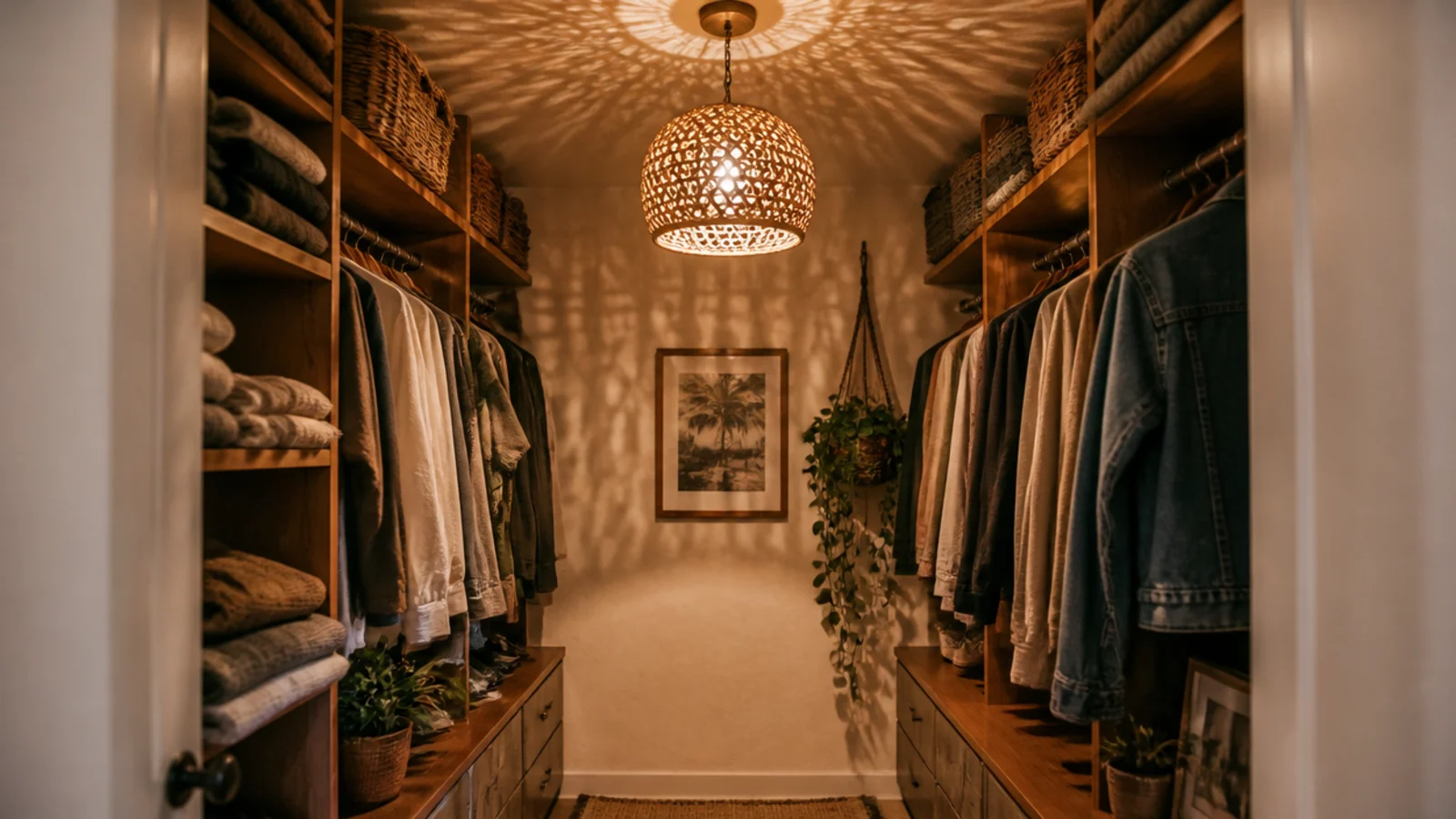 rattan pendant shade hanging above a small walk-in closet walkway