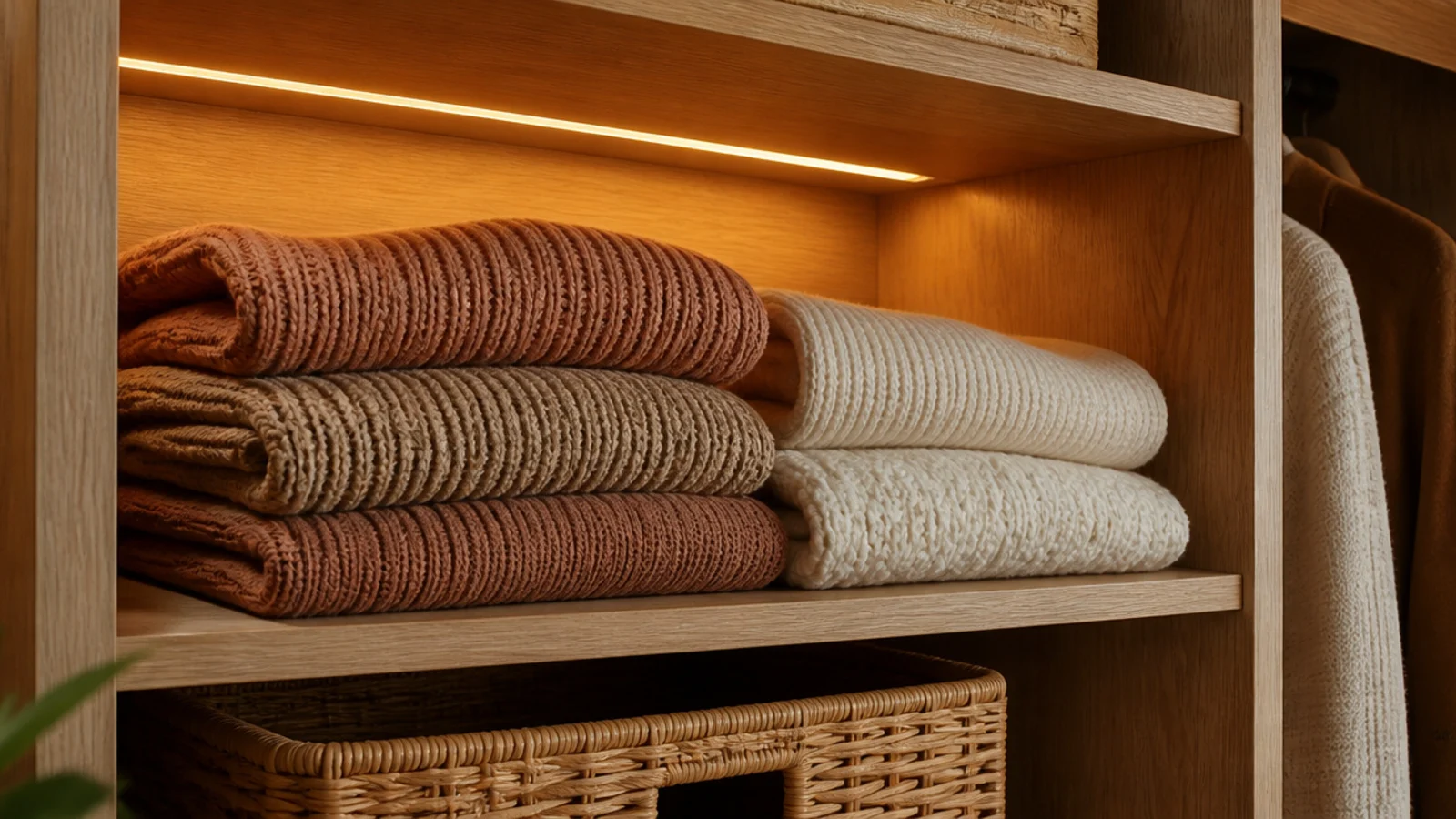 warm toned closet lighting glowing over folded knits and rattan