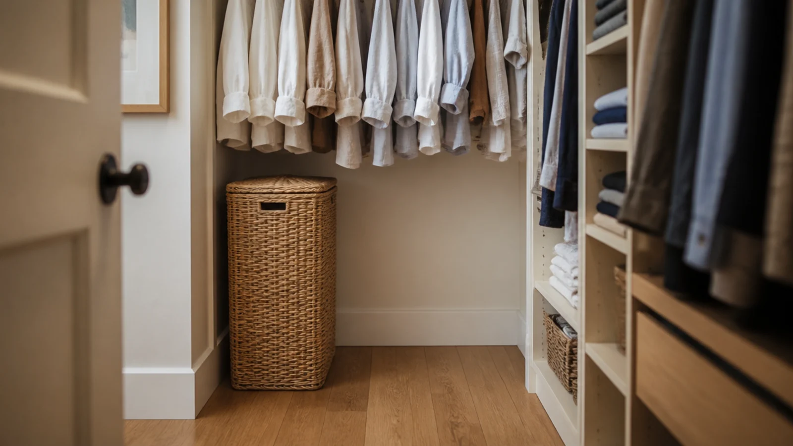 tall woven laundry hamper standing inside a boho walk-in closet