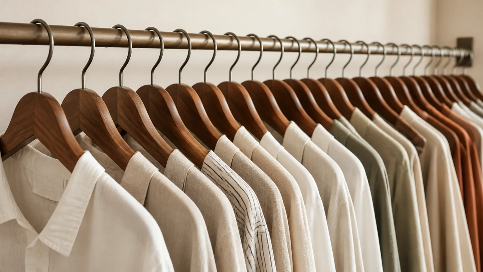 matching wooden hangers holding linen clothing along a closet rail