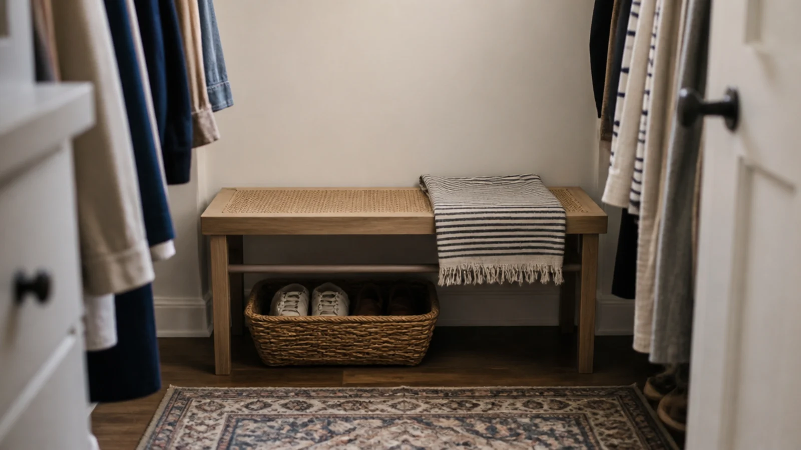 cane and wood bench set against the end wall of a boho closet