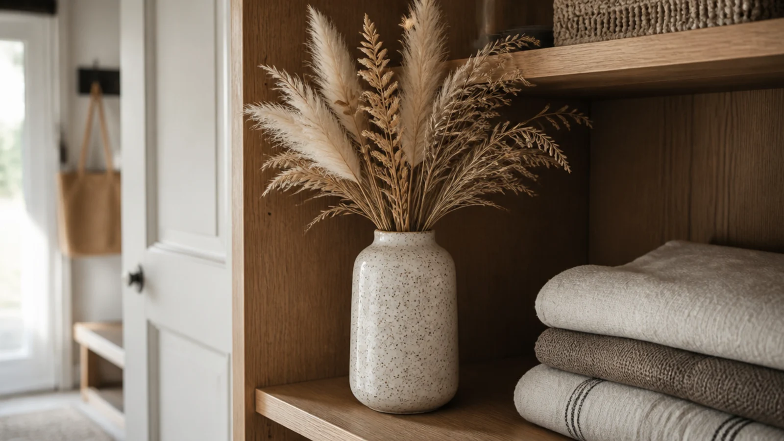 dried grasses in a stoneware vase on a closet shelf beside linens