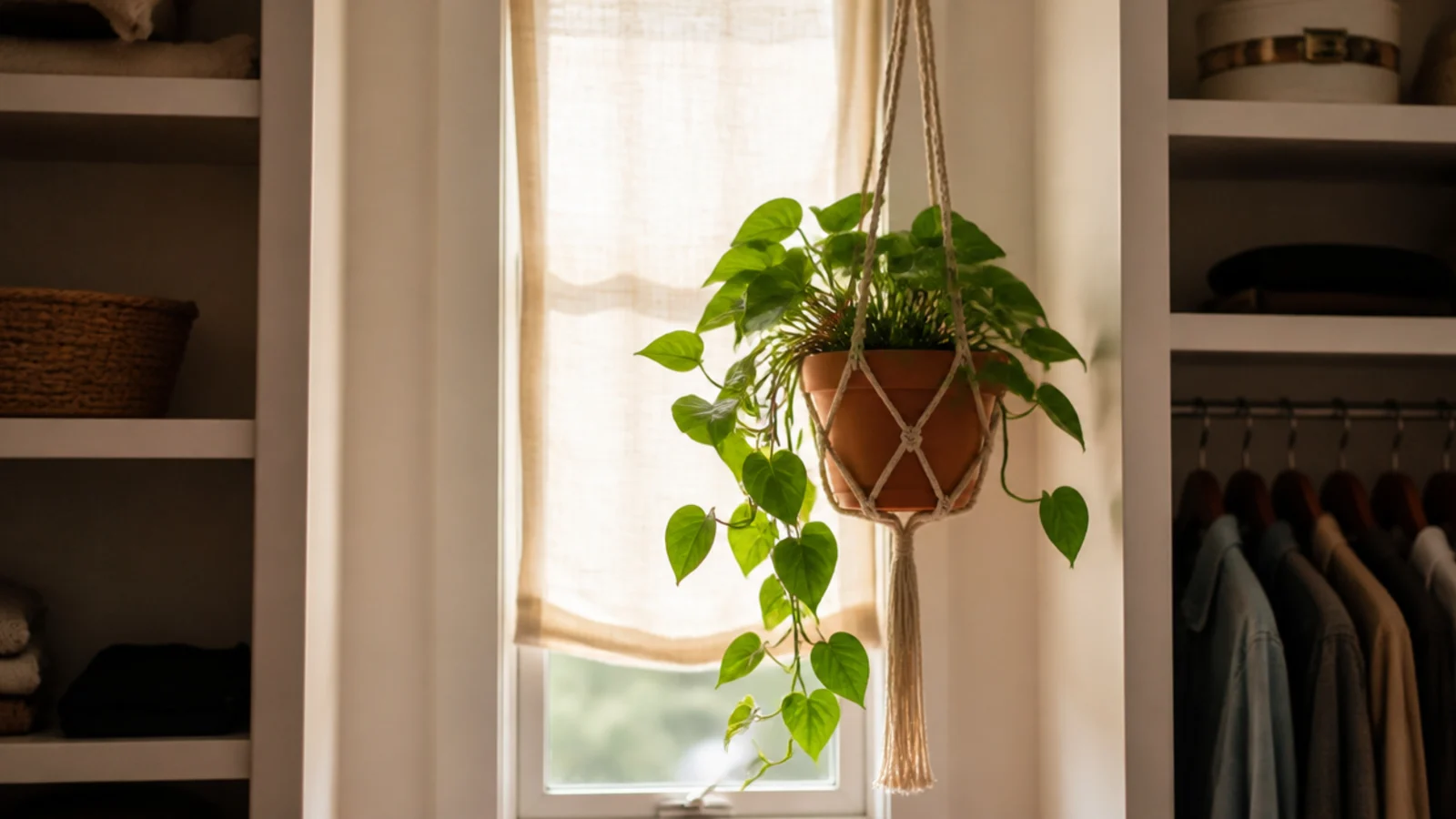 trailing plant hanging beside a small closet window in a macrame holder