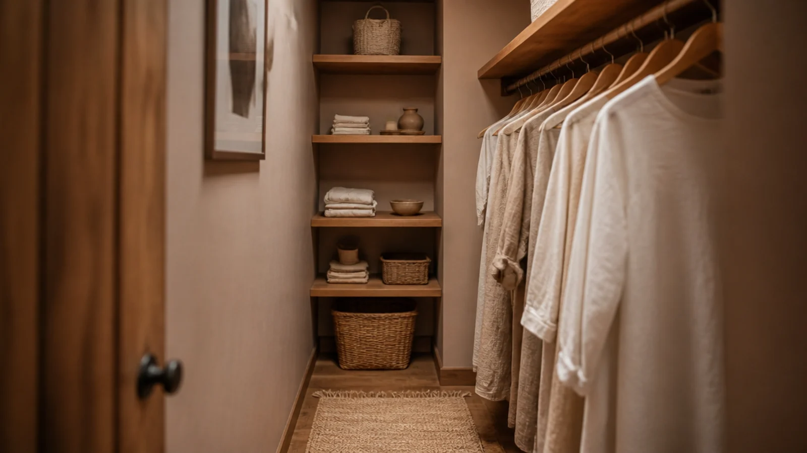 closet walls painted soft clay behind natural wood shelving