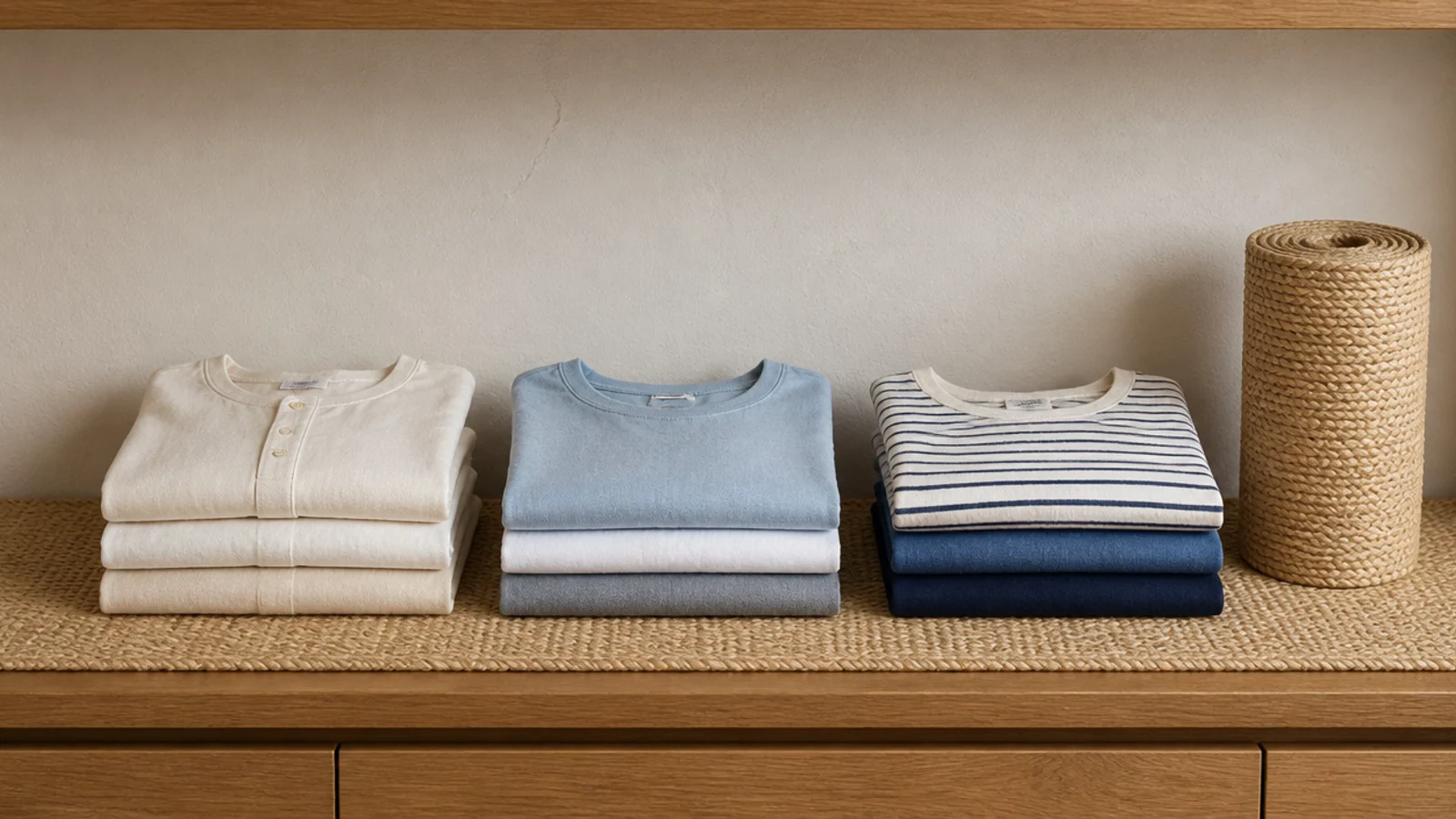 natural fiber shelf liner under folded clothing on closet shelving