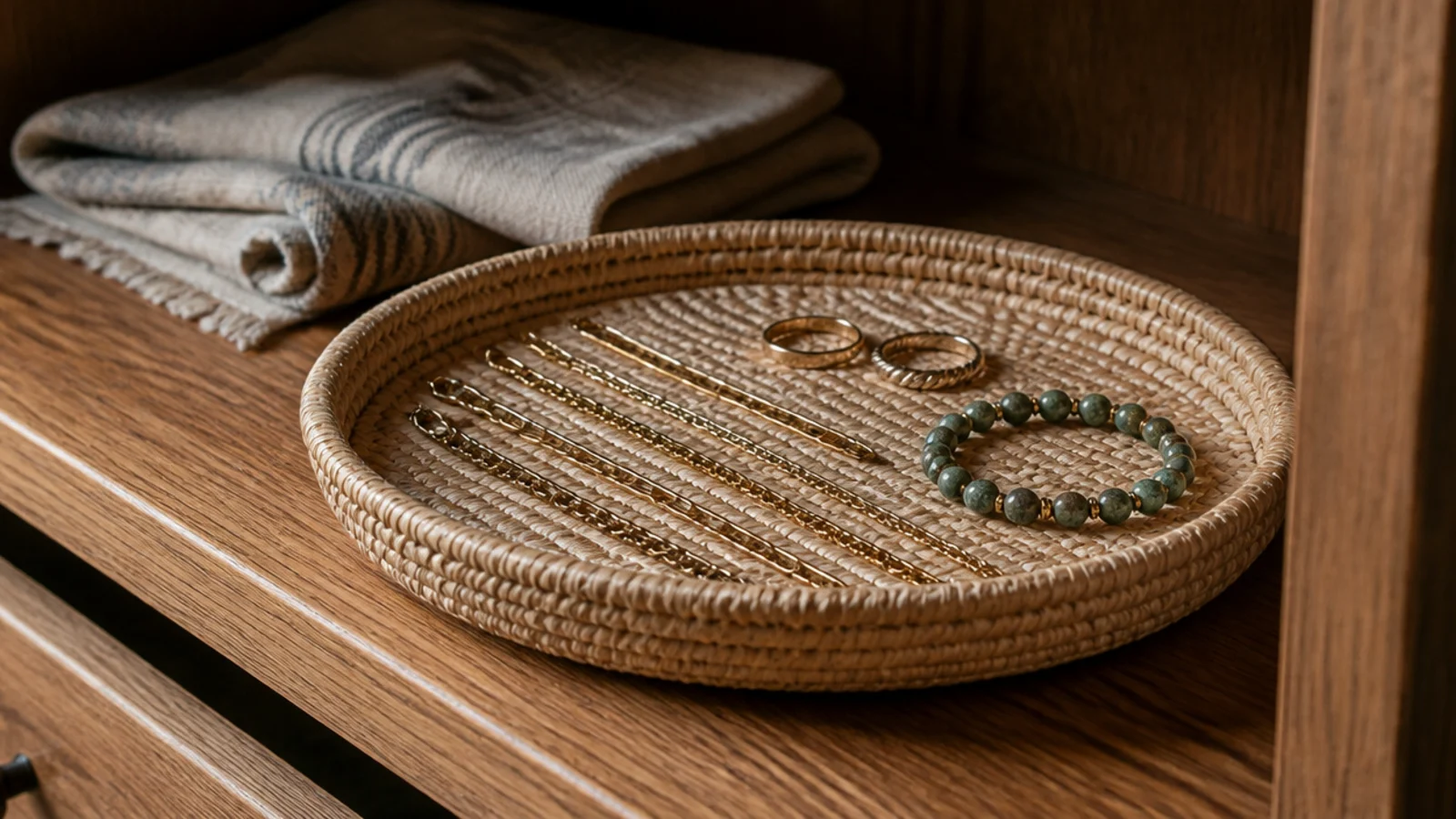 small woven tray holding brass jewelry on a closet shelf