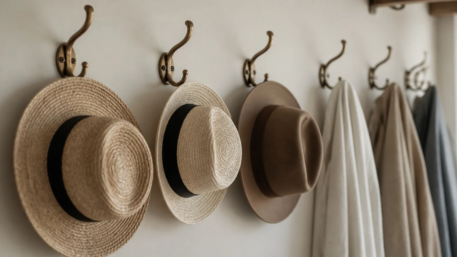 straw and felt hats hung in a row on brass hooks in a closet