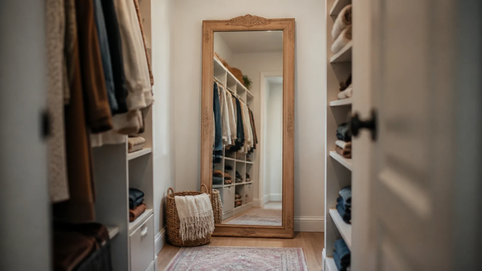 carved wooden framed mirror leaning in a boho walk-in closet