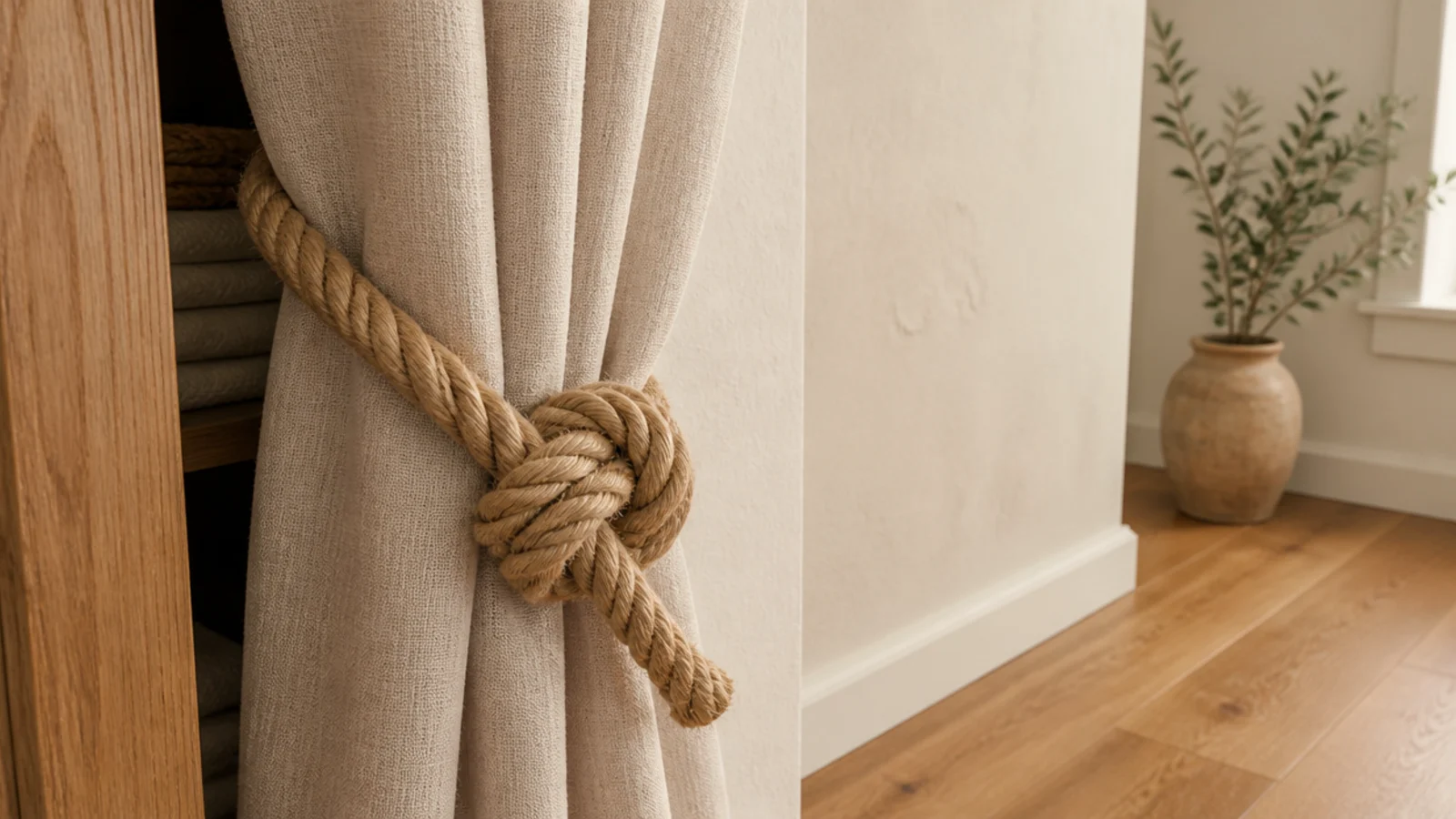 jute rope tieback holding a linen closet curtain open