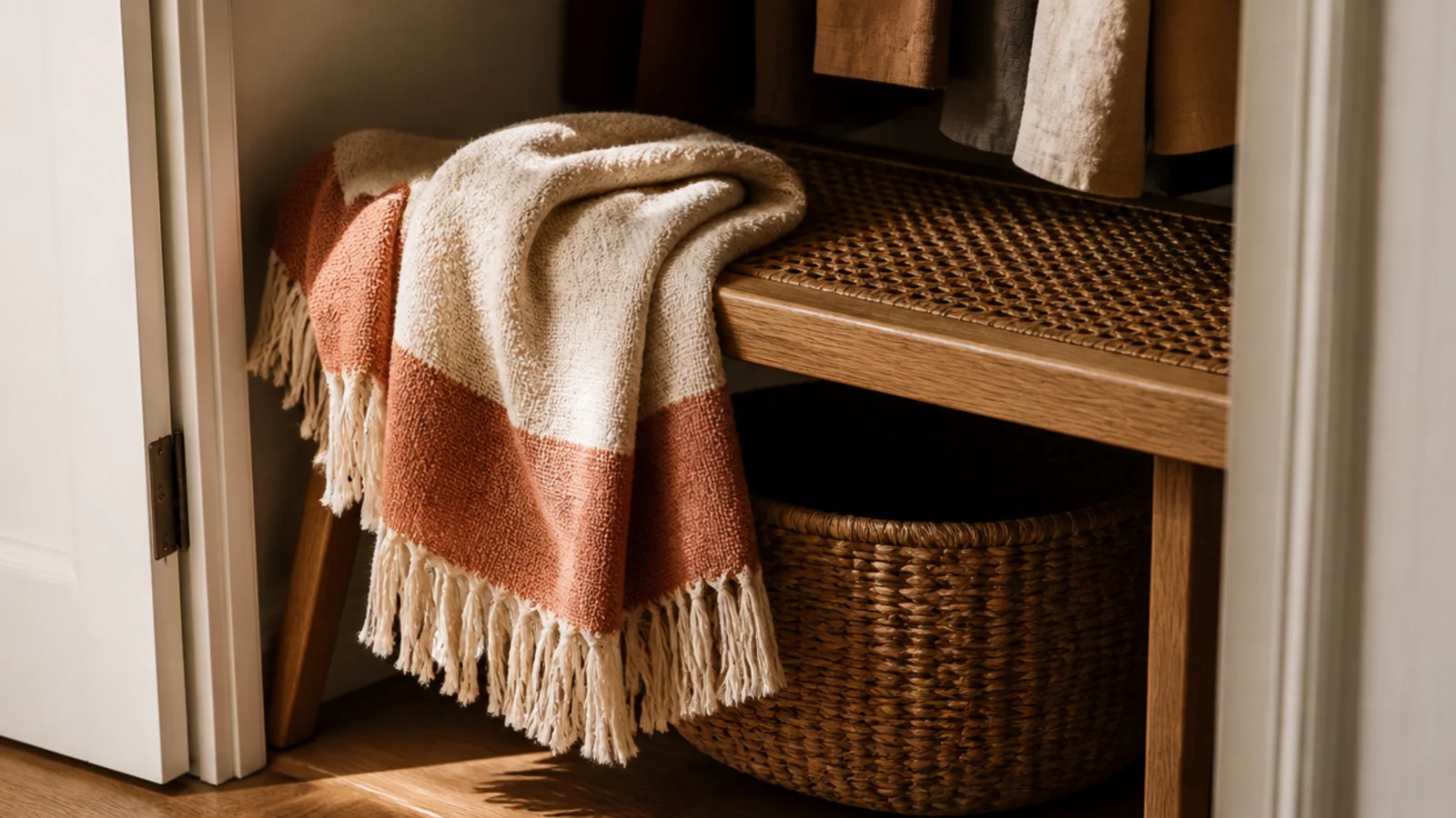 fringed woven throw draped over a cane bench in a closet