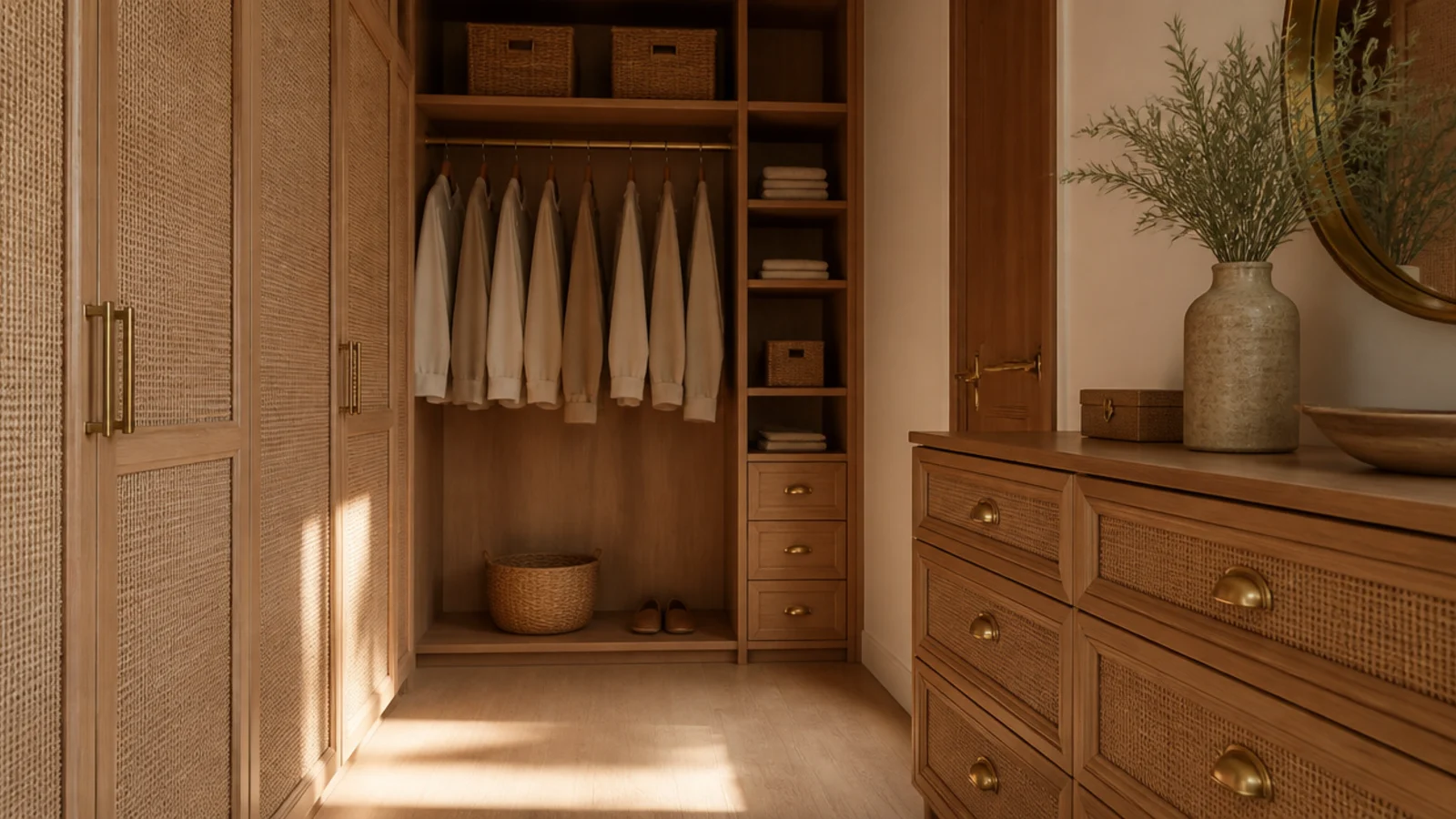 edited boho closet using only wood rattan and brass throughout