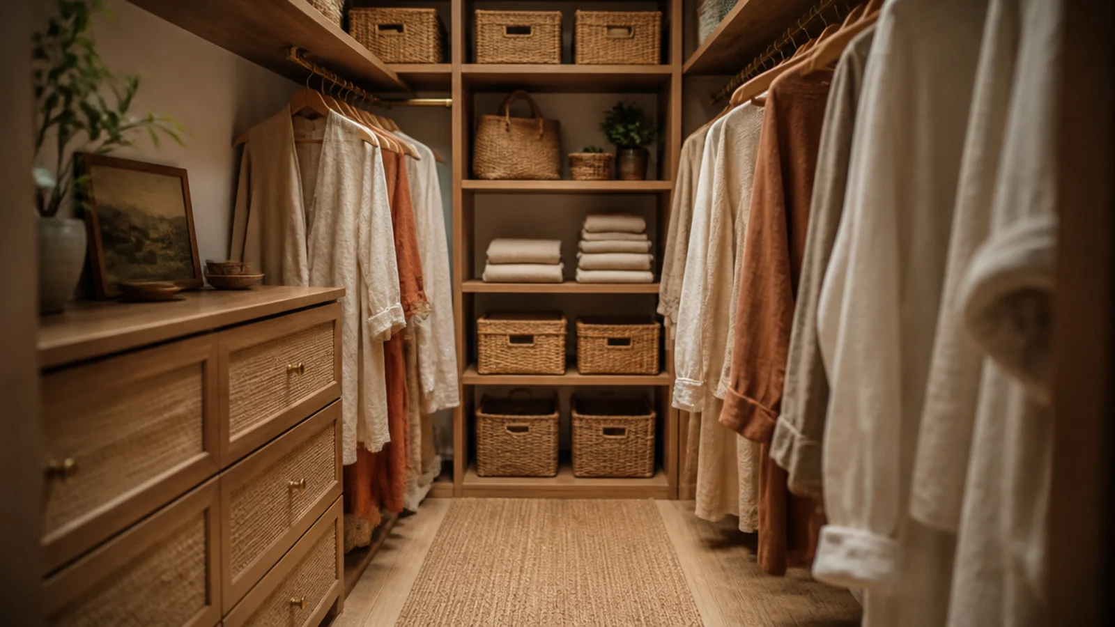 boho walk-in closet with rattan baskets brass rods and layered linen textures
