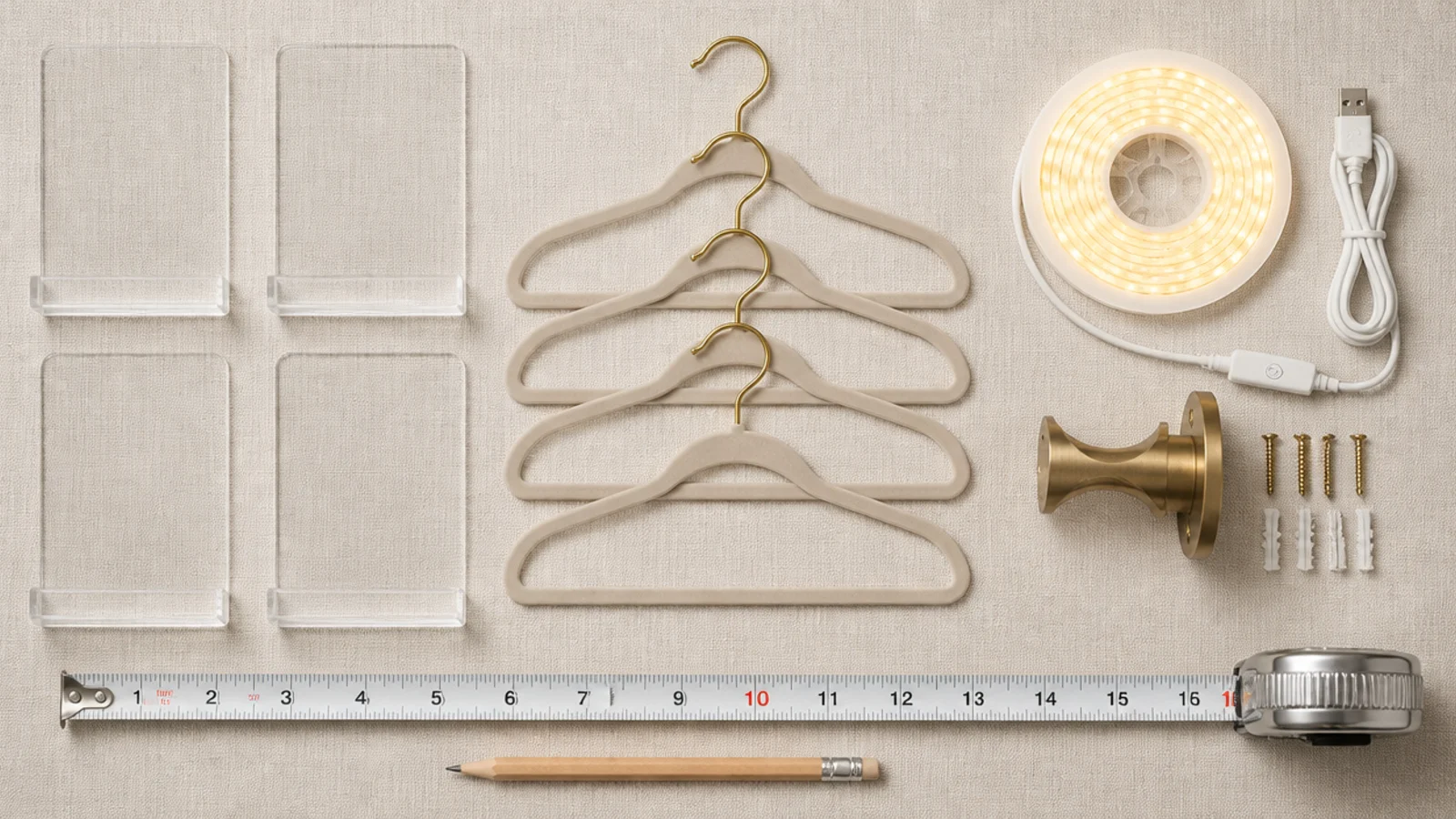 inexpensive closet hardware laid out with a tape measure on linen
