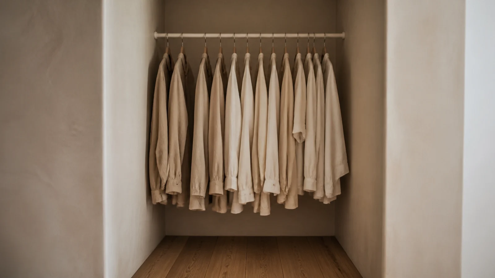 tension rod spanning a narrow closet alcove holding hanging shirts