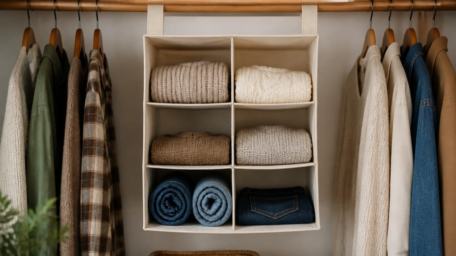 canvas hanging shelf tower on a closet rod filled with folded knits