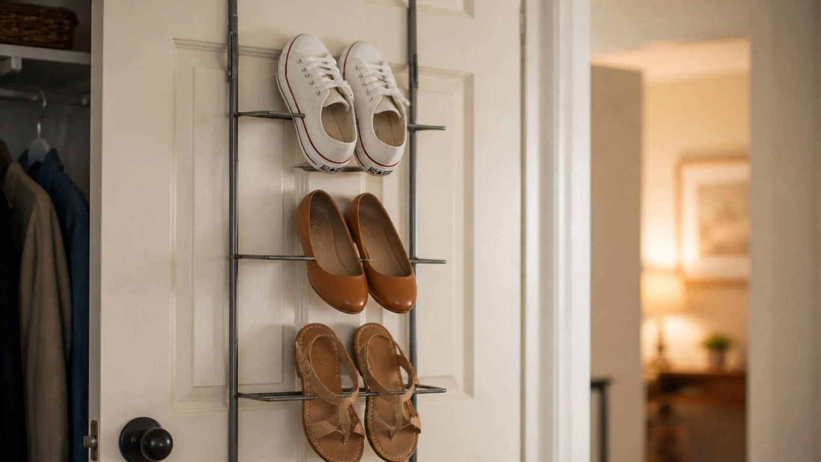 over the door shoe rack holding sneakers and flats in a closet