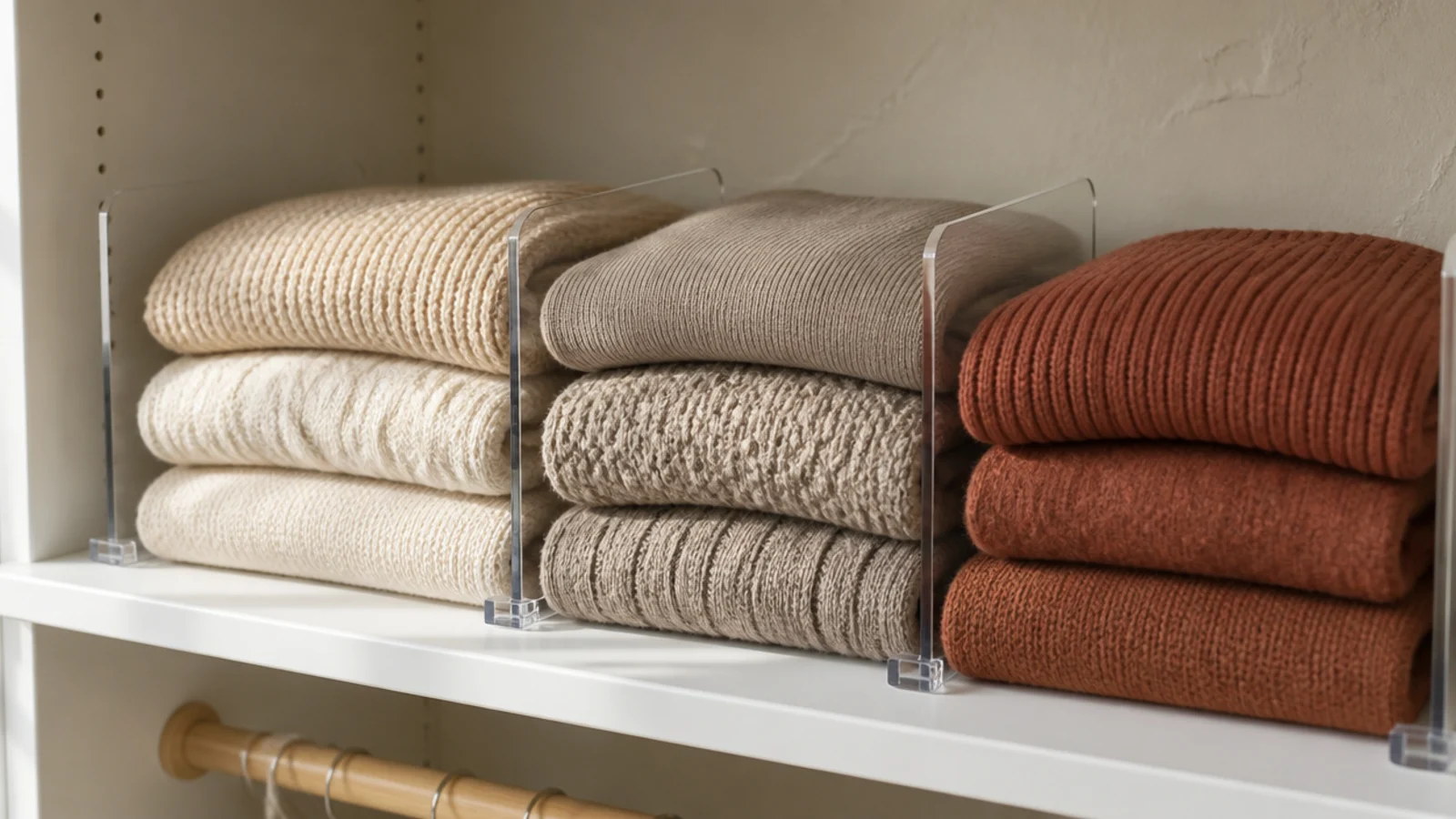 clear dividers separating folded stacks on a painted closet shelf