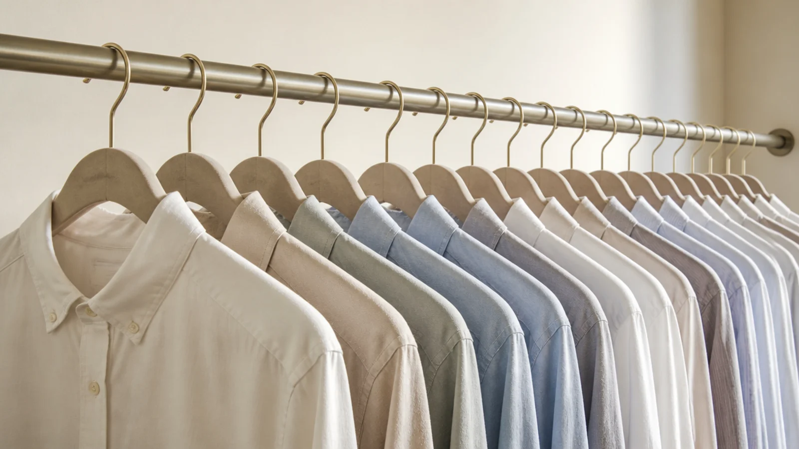 slim velvet hangers spacing shirts evenly along a budget closet rail