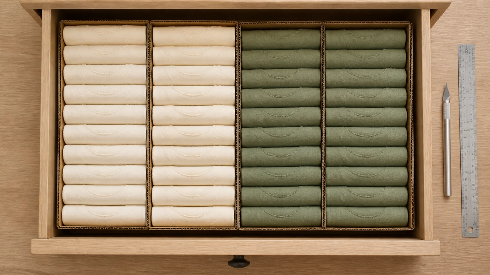 card dividers separating folded tee shirts inside a closet drawer