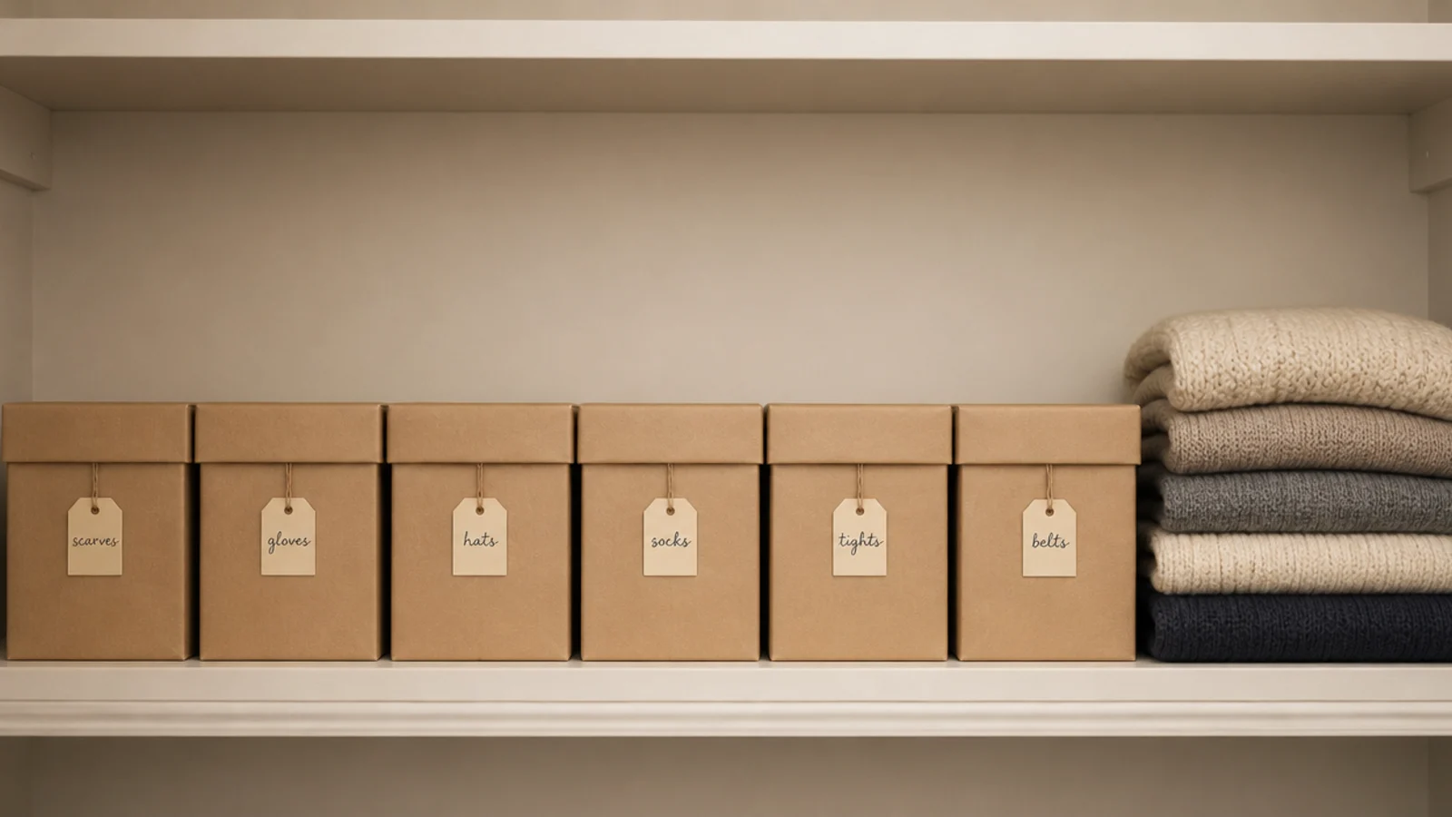 matching lidded boxes reused as bins on a small closet shelf