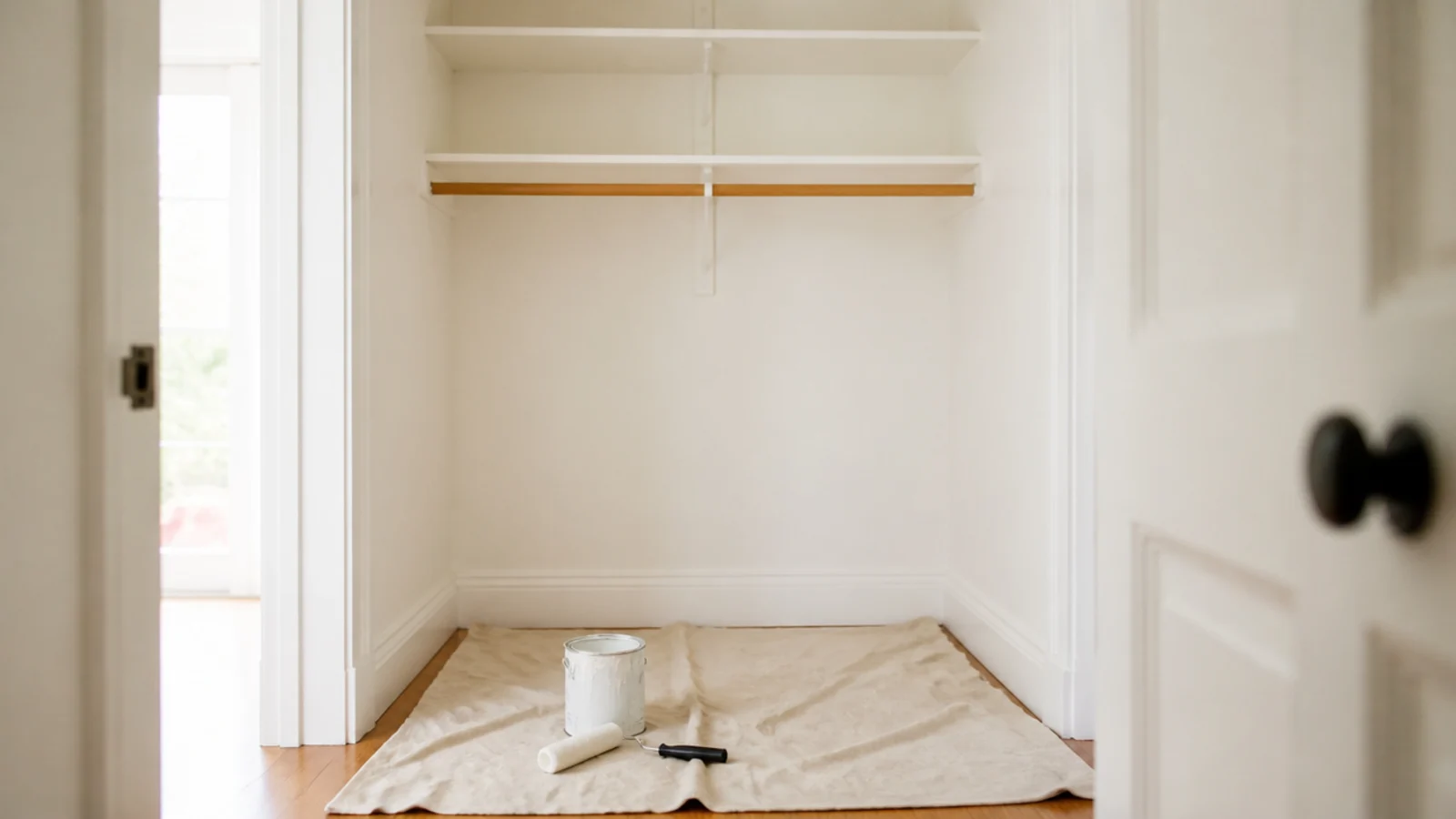 freshly painted warm white closet interior with bare shelving