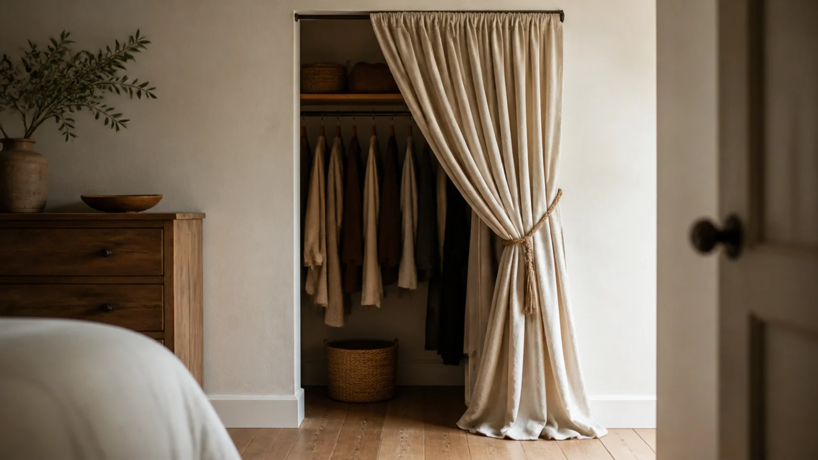 oatmeal linen curtain closing off a budget walk-in closet doorway