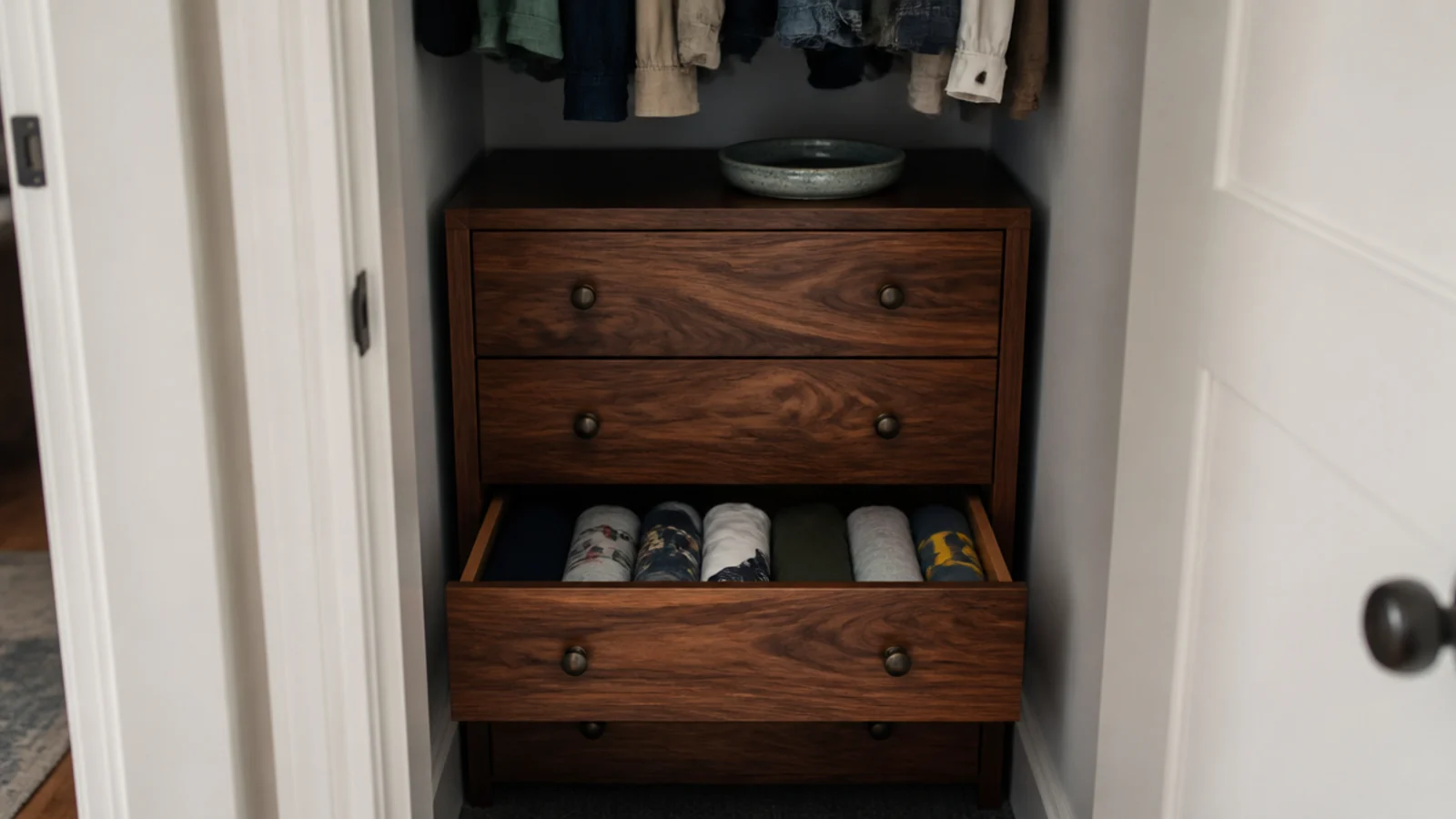 thrifted narrow wooden dresser tucked inside a small walk-in closet