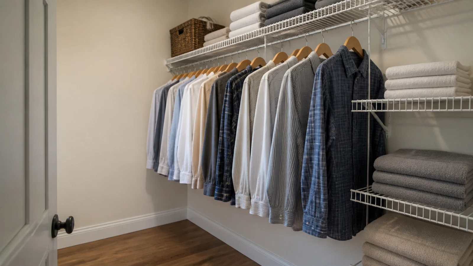 white wire closet shelving kit installed along a small closet wall