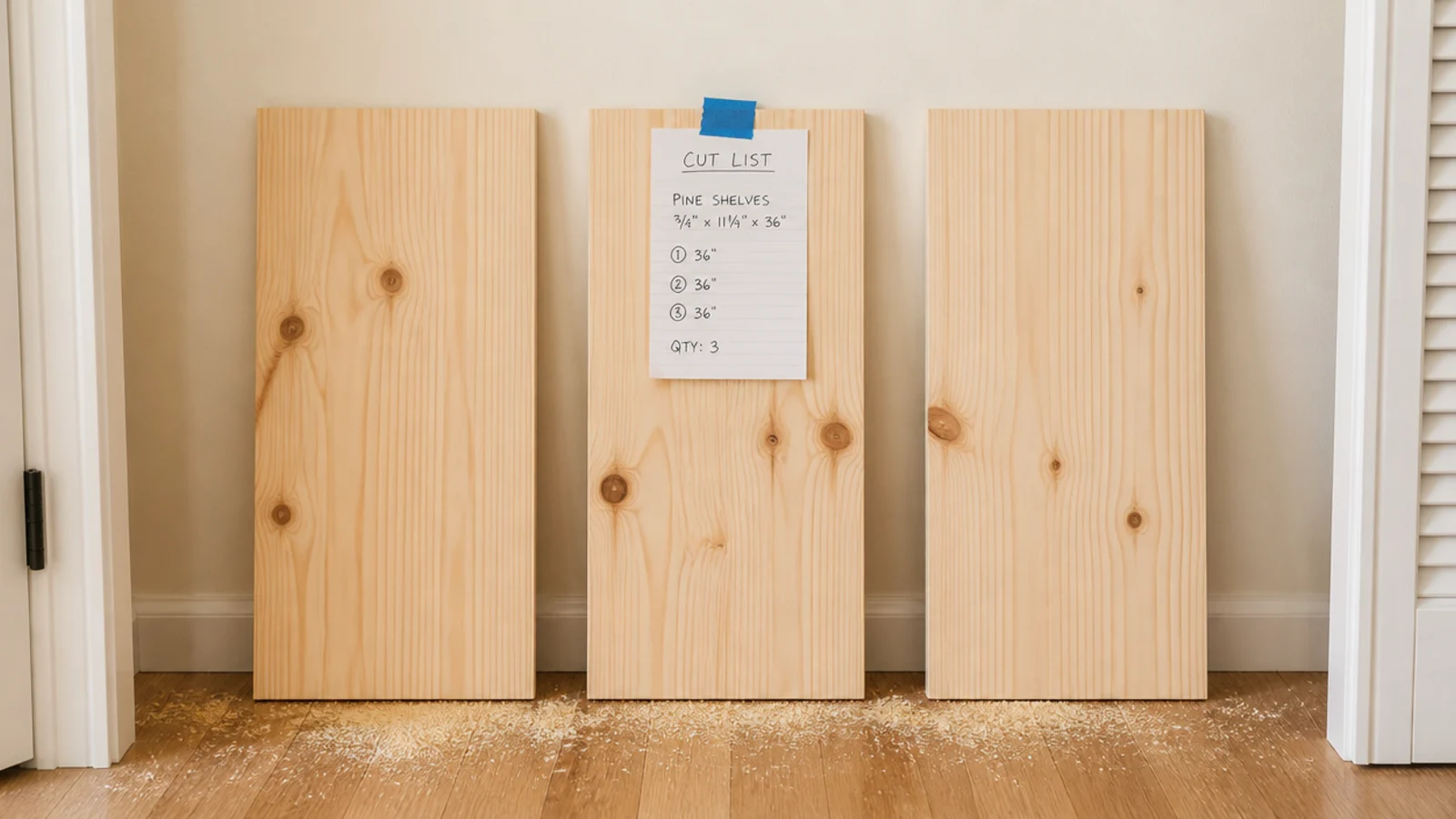 shelf boards cut to length leaning against a closet wall