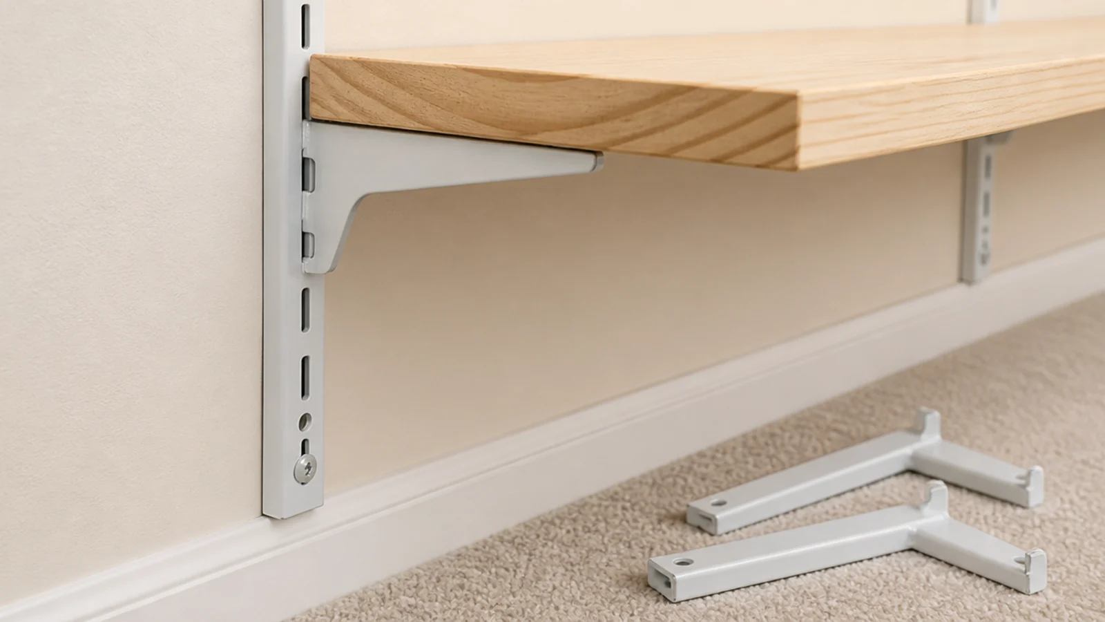 slotted metal standards allowing adjustable shelf heights in a closet