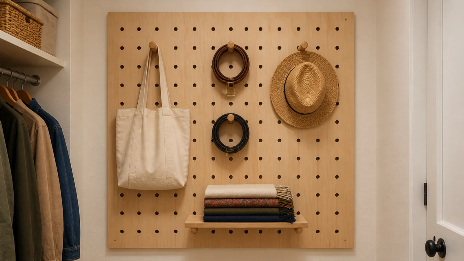 wooden pegboard on a closet end wall holding bags belts and hats