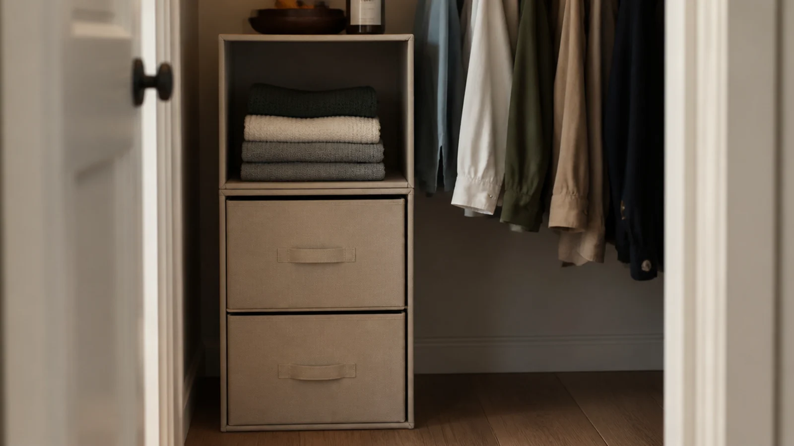 stacked storage cubes forming a shelf tower inside a small closet