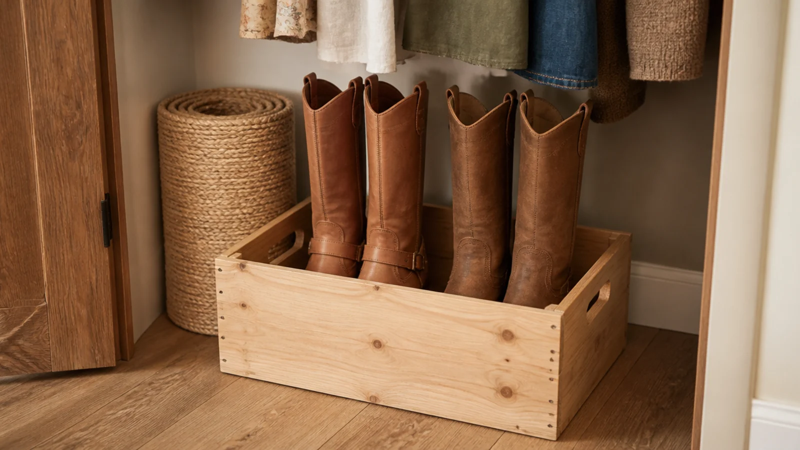wooden crate on a closet floor holding folded tall leather boots