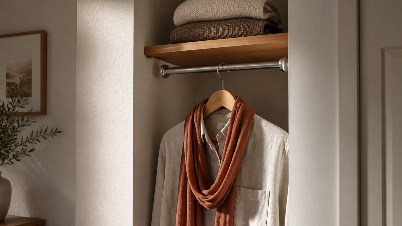 short tension rod used as a valet rail holding a planned outfit