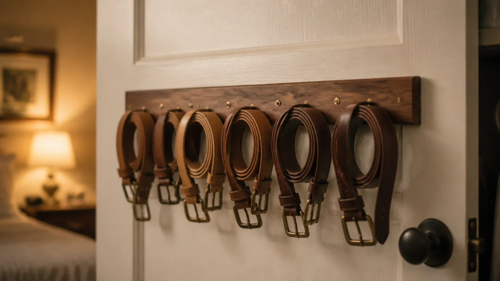 simple wooden belt rack on the inside of a closet door