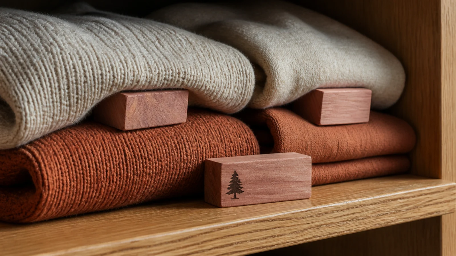 cedar blocks resting among folded wool sweaters on a closet shelf