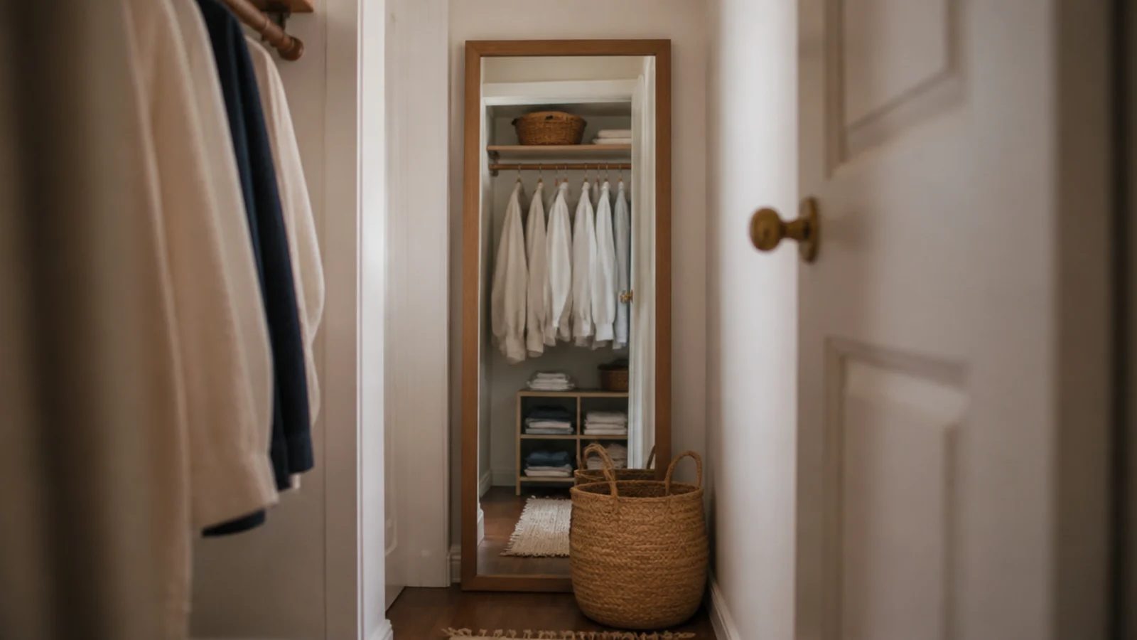 secondhand full length mirror leaning inside a small walk-in closet