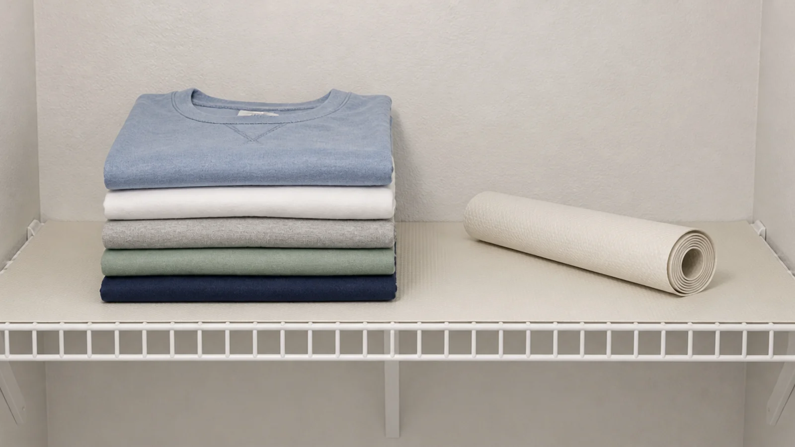 rigid shelf liner laid over wire shelving under folded clothing