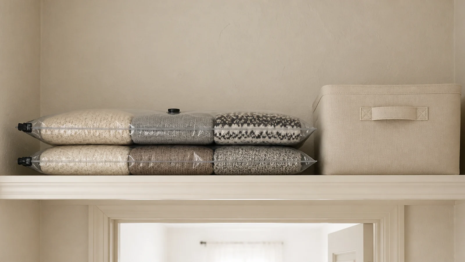 vacuum compressed bags of winter knits on a high closet shelf