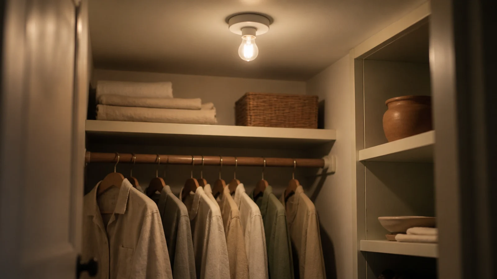 warm bulb in a simple closet ceiling fitting lighting clothes below
